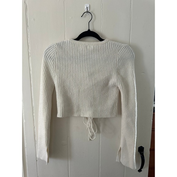 White Ribbed Lace Up Cropped Cardigan Sweater S P Women Long Sleeve - Picture 3 of 3